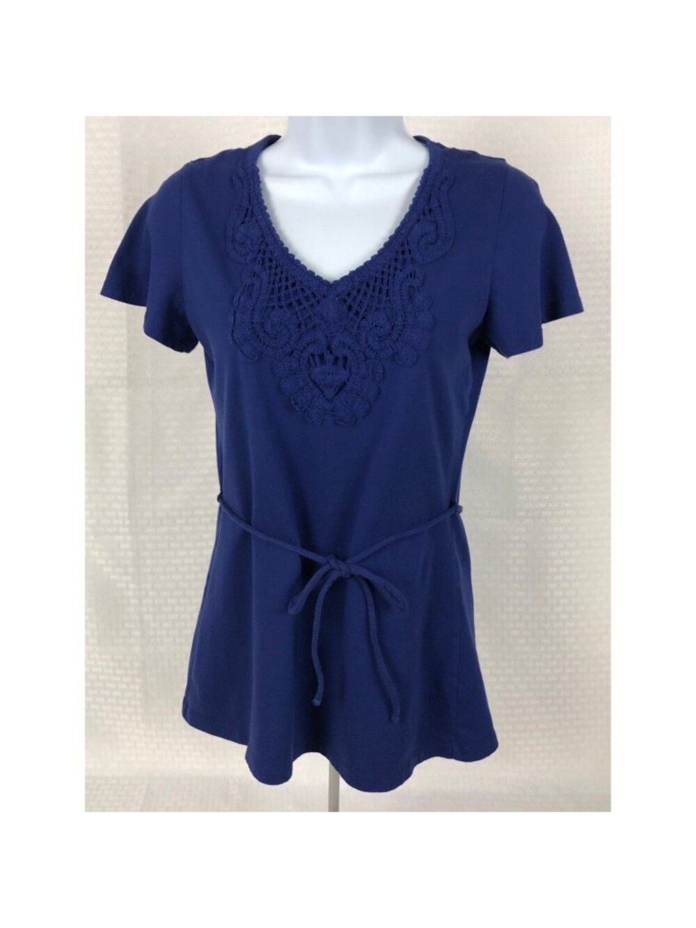 Merona Womens Top Size XS Dark Blue Lace V neck Short Sleeve Waist Drawstring